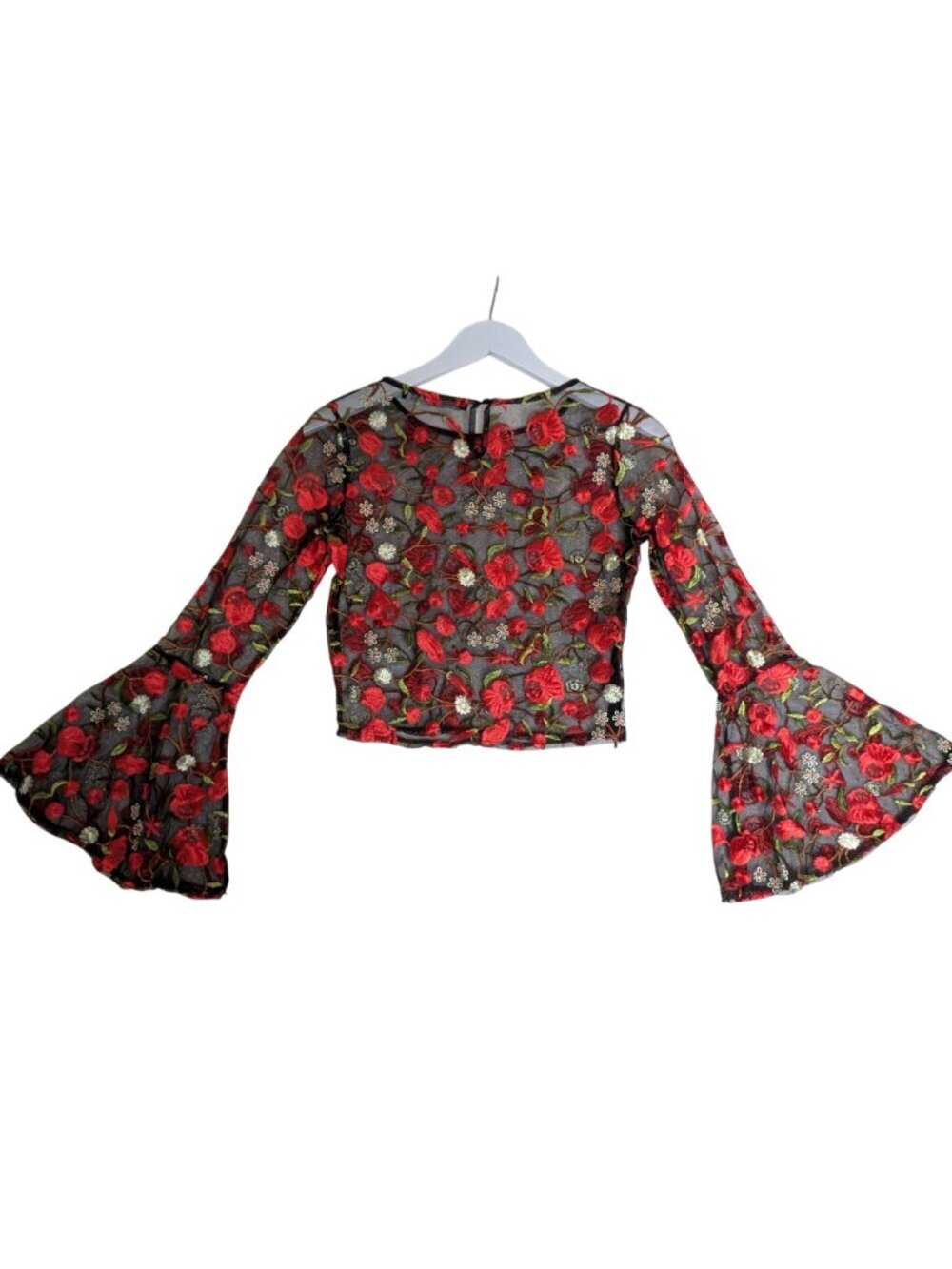 Embroidered Sheer Black Mesh Crop Top With Red Rose Design & Bell Sleeves By Hau - Picture 12 of 13